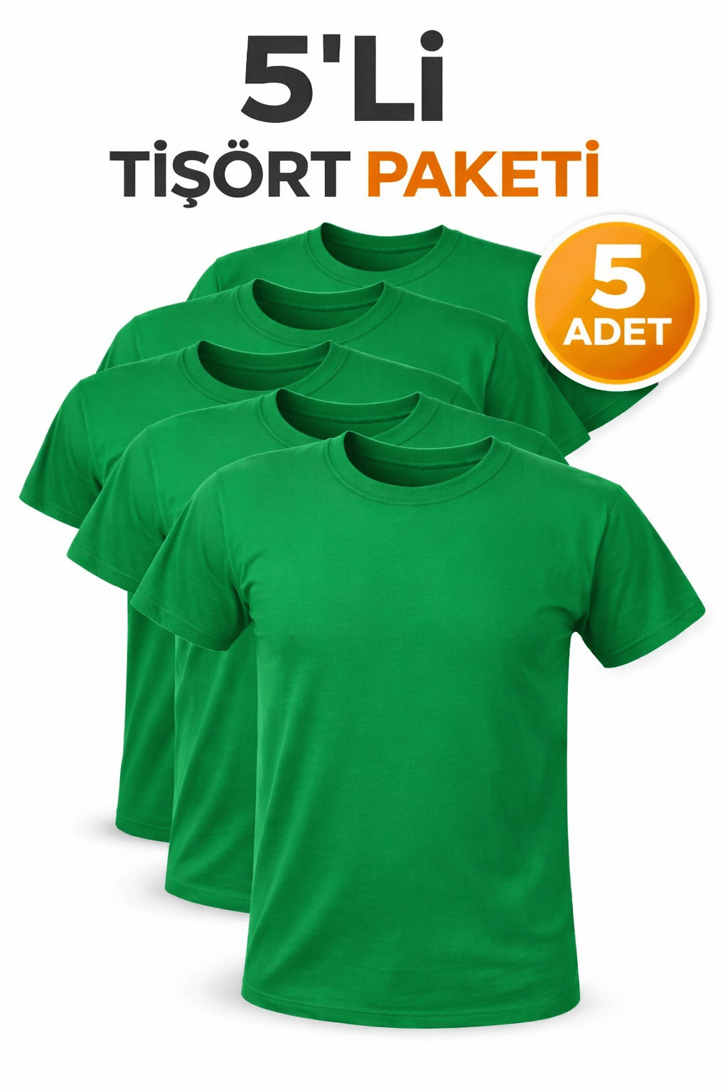 5’li Yeşil Unisex Basic Tişört Seti – Pamuklu Regular Fit Günlük Rahat T-Shirt - HANCLO