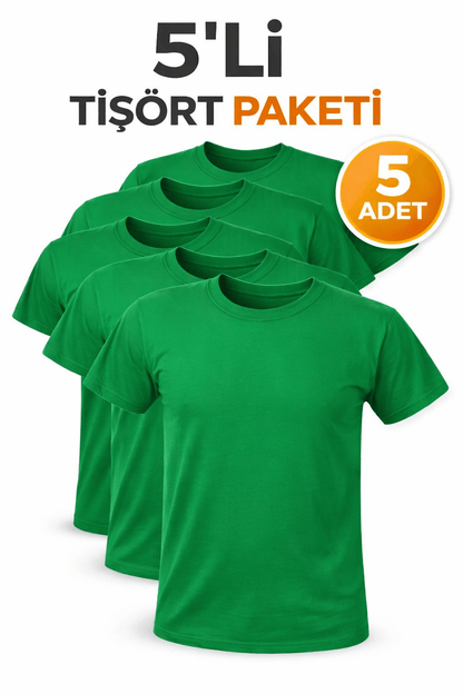 5’li Yeşil Unisex Basic Tişört Seti – Pamuklu Regular Fit Günlük Rahat T-Shirt - HANCLO
