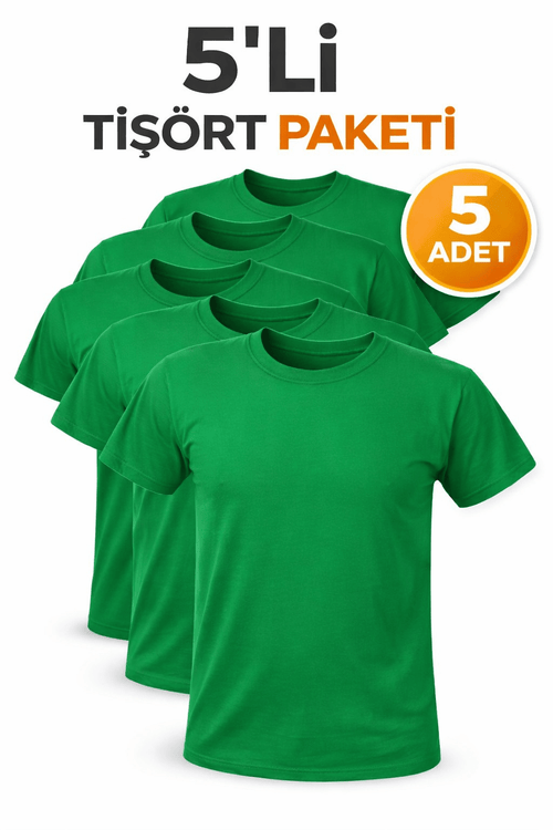 5’li Yeşil Unisex Basic Tişört Seti – Pamuklu Regular Fit Günlük Rahat T-Shirt - HANCLO