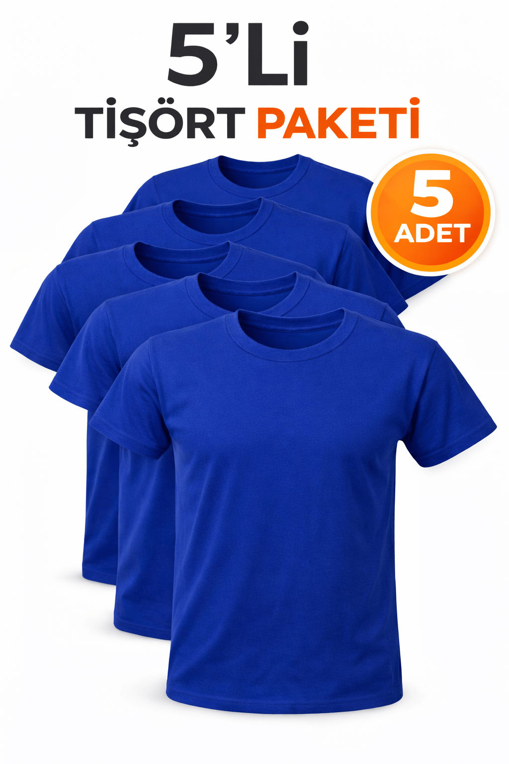 5’li  Mavi Unisex Basic Tişört Seti – Pamuklu Regular Fit Günlük Rahat T-Shirt - HANCLO