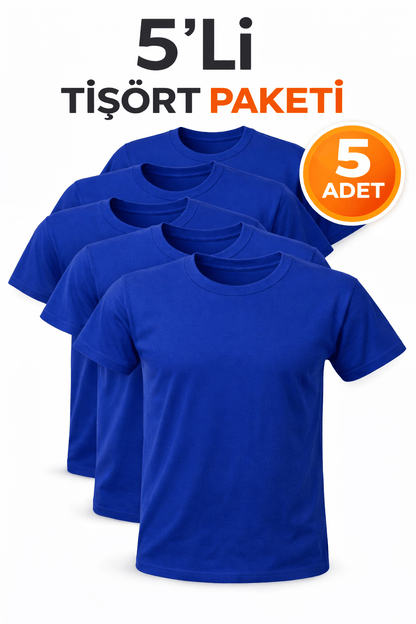5’li  Mavi Unisex Basic Tişört Seti – Pamuklu Regular Fit Günlük Rahat T-Shirt - HANCLO