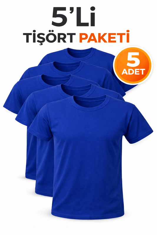 5’li  Mavi Unisex Basic Tişört Seti – Pamuklu Regular Fit Günlük Rahat T-Shirt - HANCLO