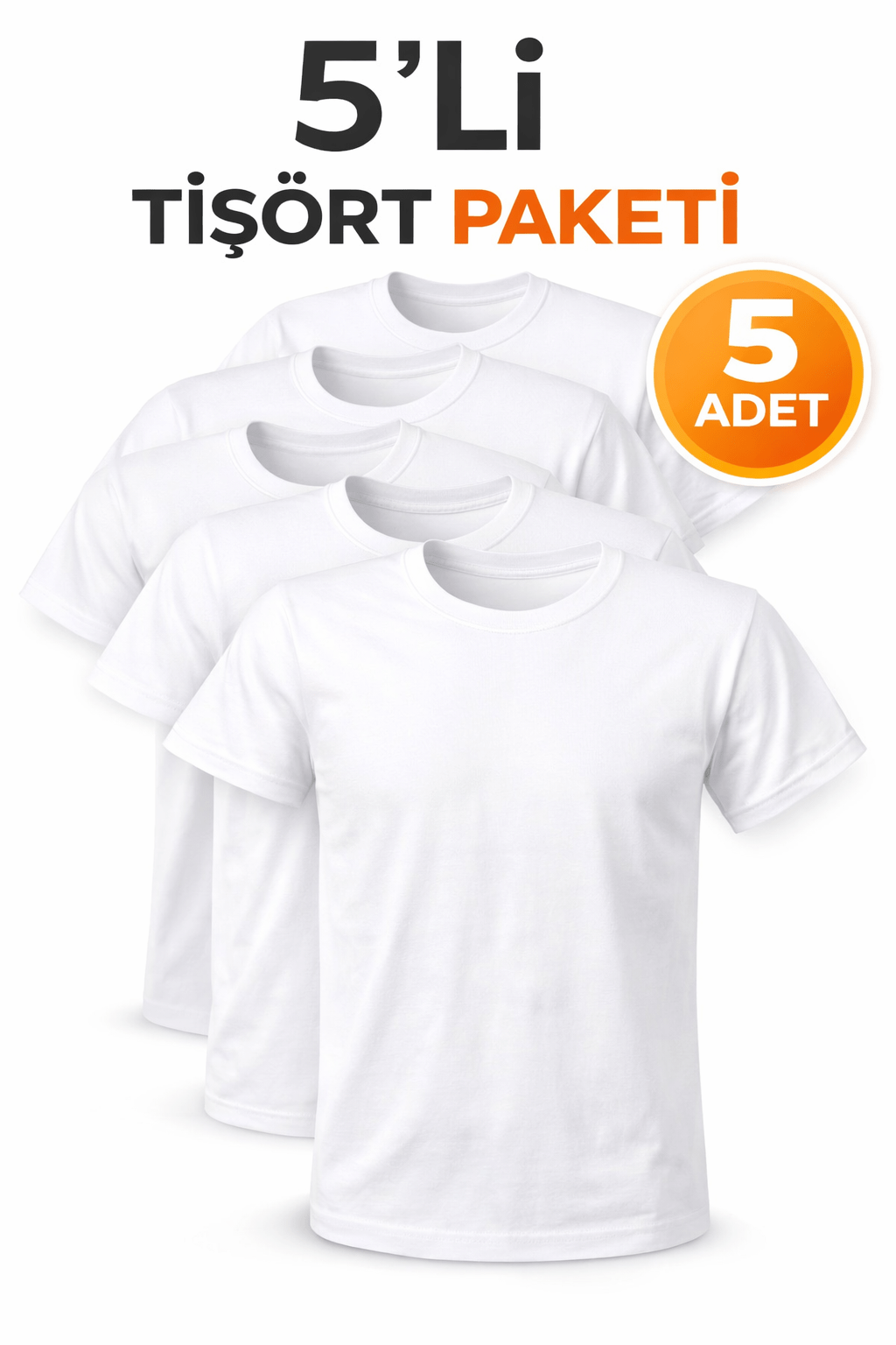 5’li  Beyaz Unisex Basic Tişört Seti – Pamuklu Regular Fit Günlük Rahat T-Shirt - HANCLO