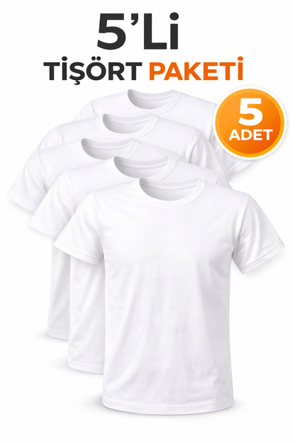 5’li  Beyaz Unisex Basic Tişört Seti – Pamuklu Regular Fit Günlük Rahat T-Shirt - HANCLO