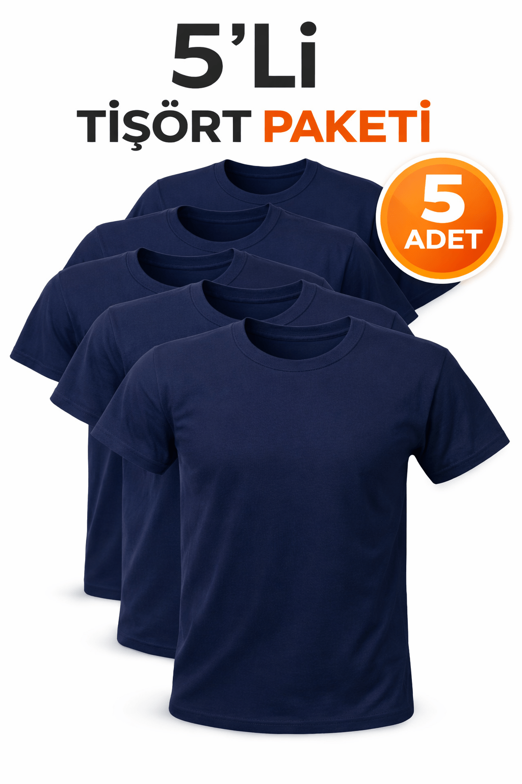 5’li  Lacivert Unisex Basic Tişört Seti – Pamuklu Regular Fit Günlük Rahat T-Shirt - HANCLO