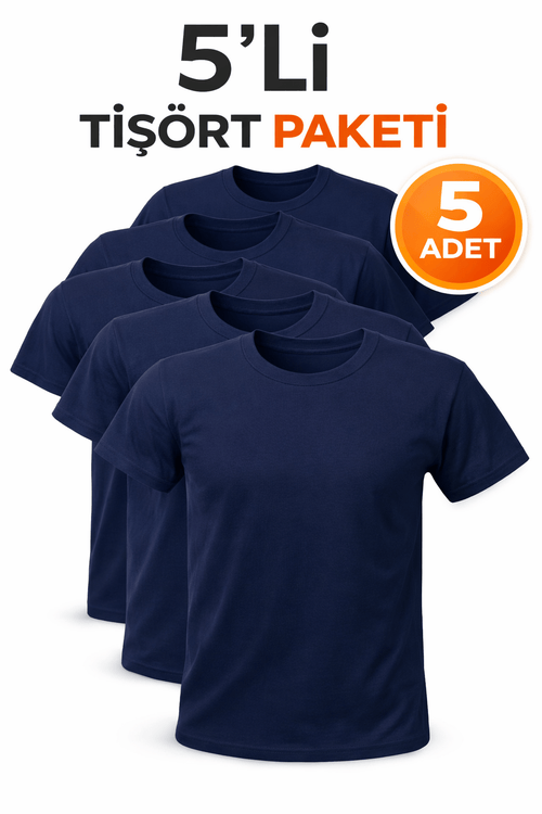 5’li  Lacivert Unisex Basic Tişört Seti – Pamuklu Regular Fit Günlük Rahat T-Shirt - HANCLO