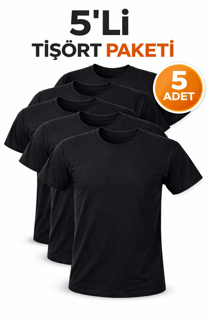 5’li  Siyah Unisex Basic Tişört Seti – Pamuklu Regular Fit Günlük Rahat T-Shirt - HANCLO