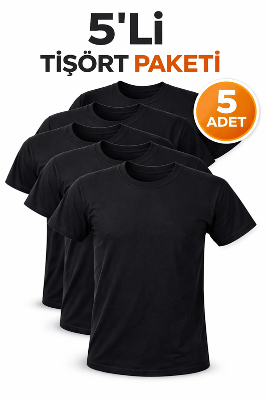 5’li  Siyah Unisex Basic Tişört Seti – Pamuklu Regular Fit Günlük Rahat T-Shirt - HANCLO