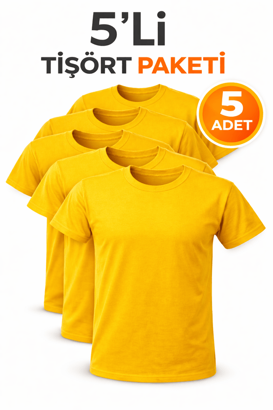 5’li Sarı Unisex Basic Tişört Seti – Pamuklu Regular Fit Günlük Rahat T-Shirt - HANCLO