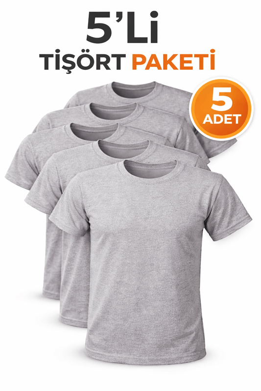 5’li  Gri Unisex Basic Tişört Seti – Pamuklu Regular Fit Günlük Rahat T-Shirt - HANCLO