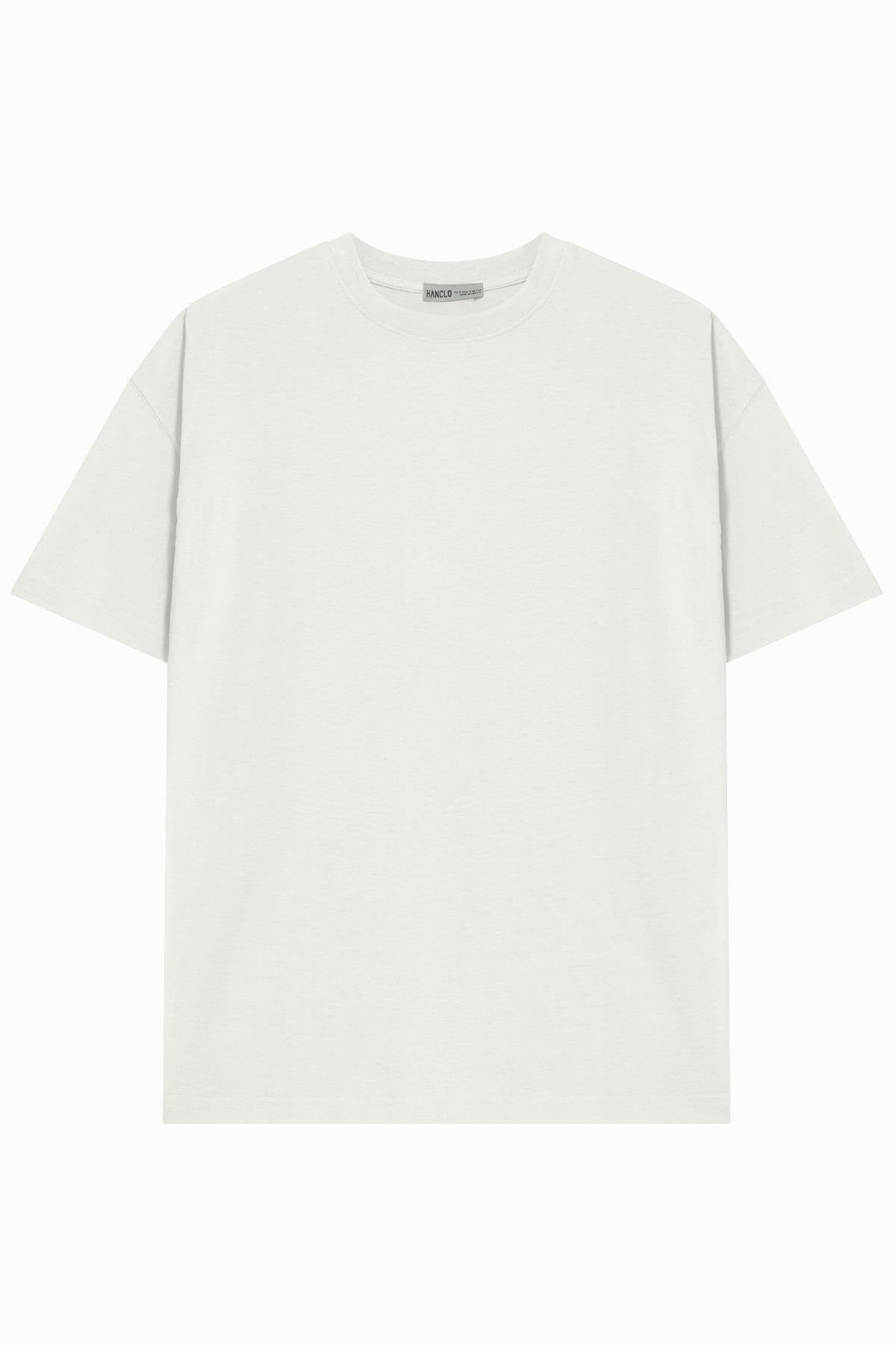 Unisex Beyaz %100 Pamuk Basic Avrupa Kalıp/Oversize Fit Kesim Bisiklet Yaka Kısa Kollu T-Shirt - HANCLO